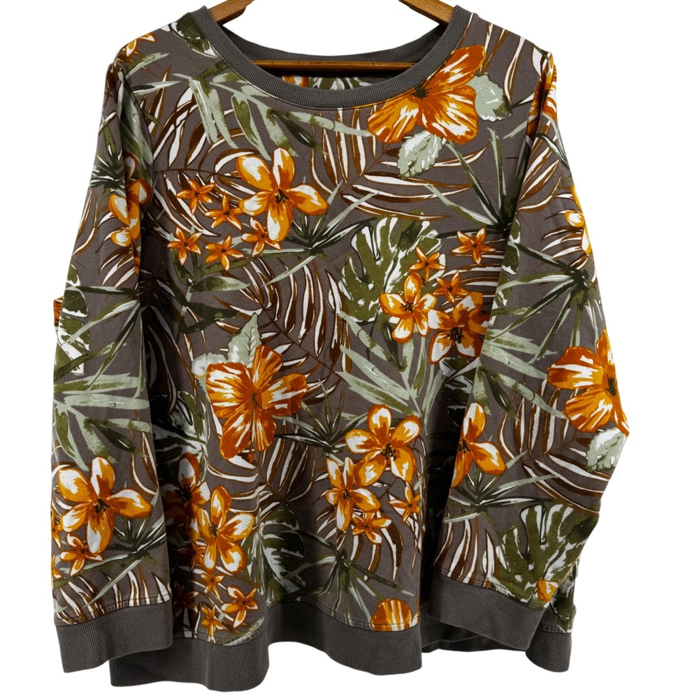 Denim & Co Active Womens 2X Tropical Floral Palm Print Sweatshirt Gray Orange